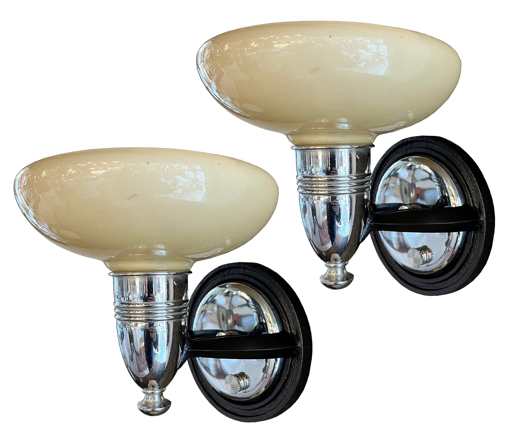 $800 PAIR - Antique Circa 1930s Art Deco Machine Age Pudding Bowl Sconces Attribute to Lightolier