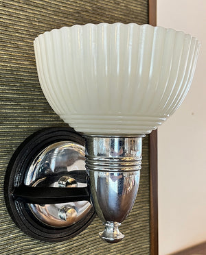 $800 PAIR - Antique Circa 1930s Art Deco Machine Age Sconces with Fluted Opal Shades Attribute to Lightolier