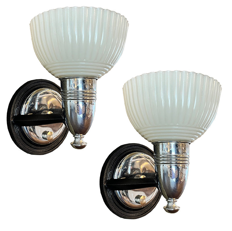 $800 PAIR - Antique Circa 1930s Art Deco Machine Age Sconces with Fluted Opal Shades Attribute to Lightolier