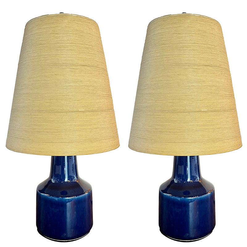 RARE PAIR Circa 1960s Lotte Bostlund 1200 Series Table Lamps with Colbalt Blue Glaze and Original Fibreglass Shades