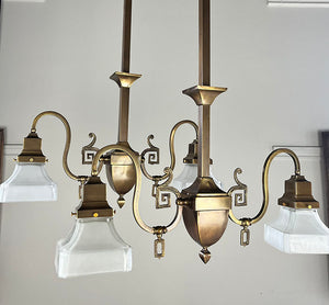 $1800 PAIR - Rare Pair of early 1900s Transitional Mission Converted Gas Double Light Pendants