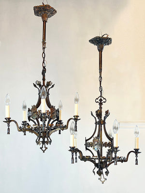 $2400 PAIR - Stunning Pair of Antique Broze Circa 1915 Era Tudor Revival Five Light Chandeliers