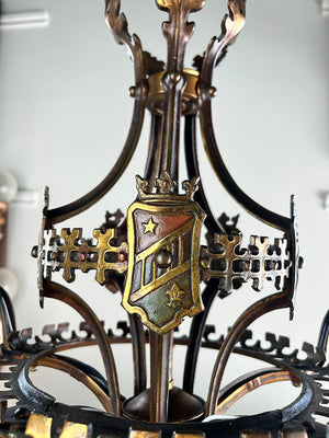 $2400 PAIR - Stunning Pair of Antique Broze Circa 1915 Era Tudor Revival Five Light Chandeliers