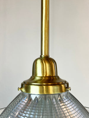$1600 PAIR - Vintage Industrial 1920s Holophane Sailors Hat Shades on Bespoke Satin Brass Pendants