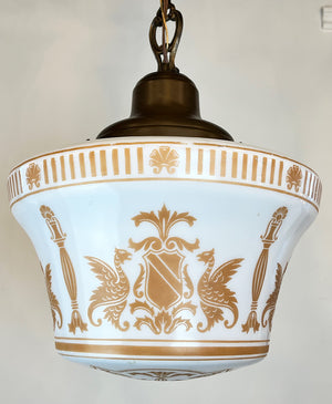 Antique Circa 1910 Neo Classical Pendant with Crest, Column and Gryphon Amber Etched and Opal Shade