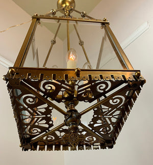 Antique Circa 1880 Eastlake Converted Gas Lantern Attributed to Mitchell Vance with Cast Bottom Gallery and Beveled Glass