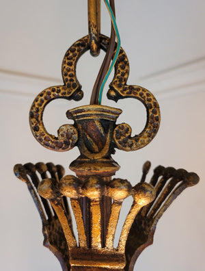 Antique Circa 1920 Three Light, Tudor Revival Lantern with Crest Motifs and Original Hammered Finish.