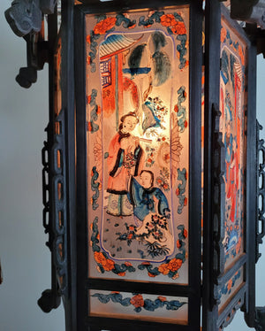 Antique Circa 1900s Spectacular Single Light Chain Suspended Hand Carved Wooden Chinese Lantern with Original Handpainted Glass Panels