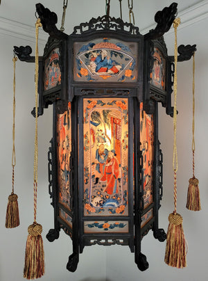 Antique Circa 1900s Spectacular Single Light Chain Suspended Hand Carved Wooden Chinese Lantern with Original Handpainted Glass Panels