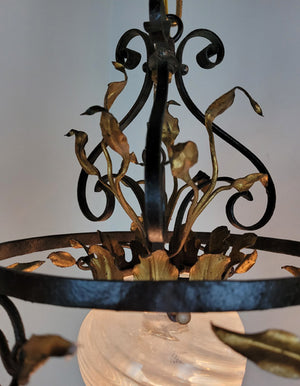 Antique Circa 1905 Single Light, Wrought Iron Lantern Fixture with Organic Leaf Details and an Antique Opalescent Swirl Shade.