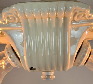 Antique Circa 1930 Two Light,  Art Deco White Porcelain Oval Flushmount Fixture with Painted Floral Motifs