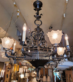 Antique Circa 1890, Spectacular Eight Light, R Williamson & Co. of Chicago Converted Gas Electric Chandelier with Eight Sided Center Body and Antique Lion Pressed Glass Stencil Etched Shades