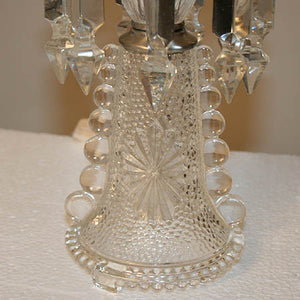 $400 PAIR - Pair of Antique Circa 1920, Single Light, Pressed Glass Candle Table Lamps with Cut Crystal Strands.