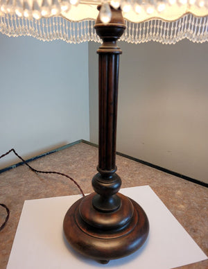 Antique Circa 1910, Single Light, Edwardian Fluted Column Wooden Table Lamp with a Handmade Offwhite Silk and Fringe Lampshade