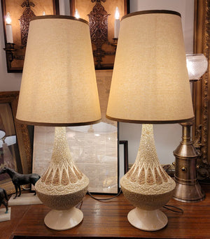 $750 PAIR - Vintage Circa 1960s Mid Century Zigzag Chalkware Table Lamps With Handmade Linen Lampshades