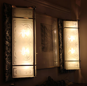 $3000 PAIR - Antique Circa 1925, Incredible Pair of Commercial Art Deco Wall Sconces with Stencil Etched Glass Panels.