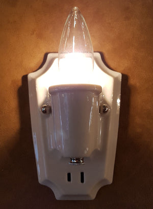 $450 PAIR - Antique Circa 1930s Single Light Art Deco White Porcelain Wall Sconces with Stepped Shield Backplates.