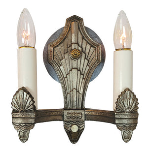 $750 PAIR - Antique Circa 1930 Two Light, Art Deco Wall Sconces with Cast Chevron and Fan Details.