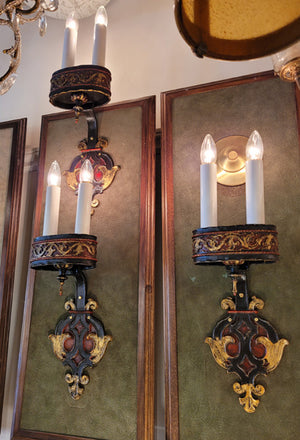 $600 EACH - Circa 1910 Two Light, Beaux Arts Theatre Wall Sconces with Original Painted Finish - SET OF 3 AVAILABLE