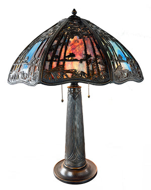 Stunning Antique Circa 1905 Signed Bradley and Hubbard Eight Sided Panel Lamp with Sunset Palm Motif Shade and Embossed Oak Leaf Base