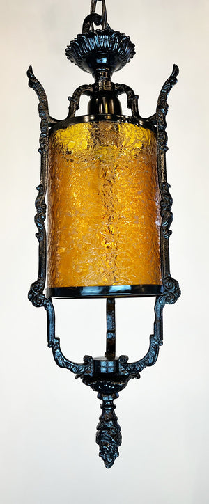 Antique Circa 1910 Cast Iron Gothic - Tudor Revival Exterior Lantern with Original Crackle Amber Glass Cylinder
