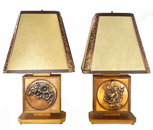 $1450 PAIR - Rare Pair of Canadian Art Deco Albert Giles Wood and Copper Repousse Table Lamps and Matching Shades