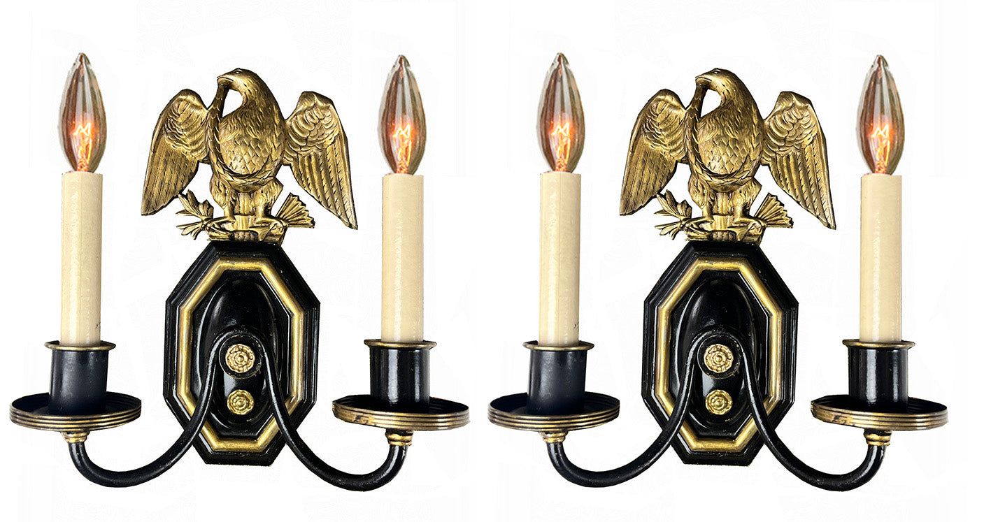 $1000 PAIR - Antique 1920s Pair of Federal Cast Eagle Back Black and Brass Double Light Wall Sconces