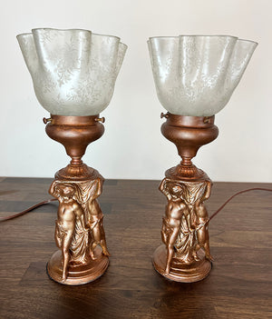 $750 PAIR - Early 1900s Beaux Arts Three Sided Figural Table lamps with Antique Acid Etched Ruffled and Floral Shades