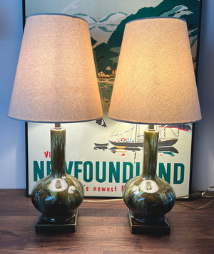 $650 PAIR - Mid Century Earthy Green Glaze Ceramic Table Lamps with Homespun Linen Shades