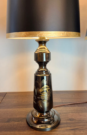 $750 PAIR - Stunning Pair of 1930s Asian Art Deco Table Lamps with Chased Scenic Motif