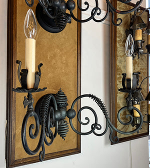 $1800 PAIR - Circa 1890 Romanesque Revival Wrought Iron and Beehive Converted Gas Wall Sconces attributed to R.Williamson of Chicago