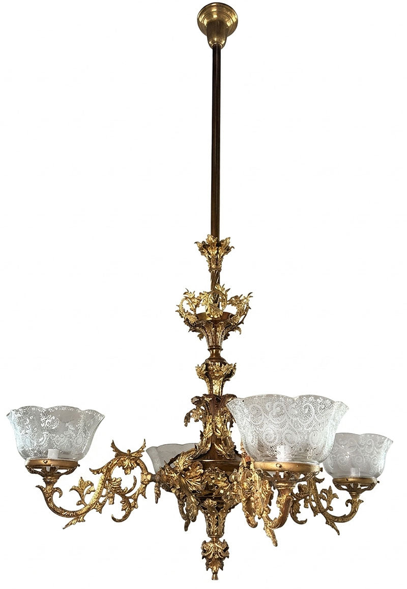 Incredible Antique Circa 1855-60 Four Light Converted Gasolier with Holly, Scotch and Tassle Motif and Antique Etched Ruffle Shades - Attributed to Archer Warner