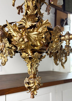 Incredible Antique Circa 1855-60 Four Light Converted Gasolier with Holly, Scotch and Tassle Motif and Antique Etched Ruffle Shades - Attributed to Archer Warner