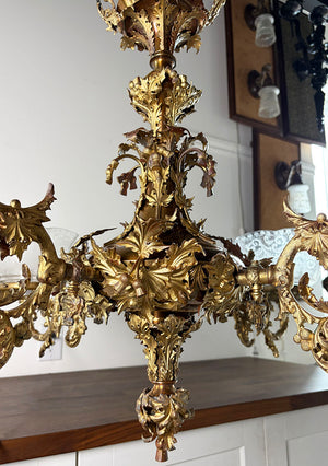 Incredible Antique Circa 1855-60 Four Light Converted Gasolier with Holly, Scotch and Tassle Motif and Antique Etched Ruffle Shades - Attributed to Archer Warner