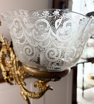 Incredible Antique Circa 1855-60 Four Light Converted Gasolier with Holly, Scotch and Tassle Motif and Antique Etched Ruffle Shades - Attributed to Archer Warner