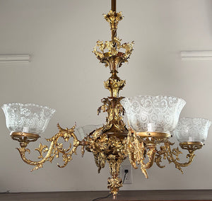 Incredible Antique Circa 1855-60 Four Light Converted Gasolier with Holly, Scotch and Tassle Motif and Antique Etched Ruffle Shades - Attributed to Archer Warner