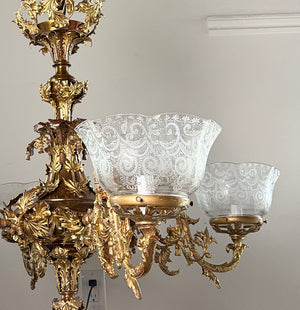 Incredible Antique Circa 1855-60 Four Light Converted Gasolier with Holly, Scotch and Tassle Motif and Antique Etched Ruffle Shades - Attributed to Archer Warner
