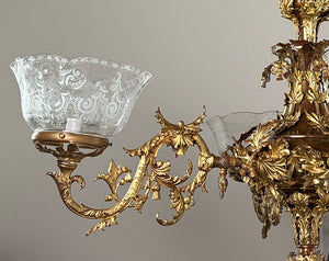 Incredible Antique Circa 1855-60 Four Light Converted Gasolier with Holly, Scotch and Tassle Motif and Antique Etched Ruffle Shades - Attributed to Archer Warner