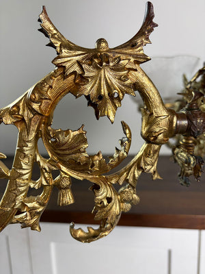 Incredible Antique Circa 1855-60 Four Light Converted Gasolier with Holly, Scotch and Tassle Motif and Antique Etched Ruffle Shades - Attributed to Archer Warner