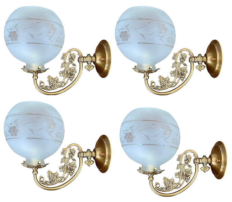 SET OF 4 SCONCES AVAILABLE - $1000 PAIR - Reproduction Cornelius 1850s Style Grape and Leaf Motif Sconces with Reproduciton 2 5/8" Fitter Shades