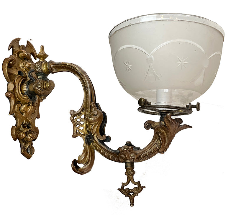 Antique Single Light Circa 1850 Cast Bronze Converted Gas Light with 2 5/8" Wheel Cut Shade