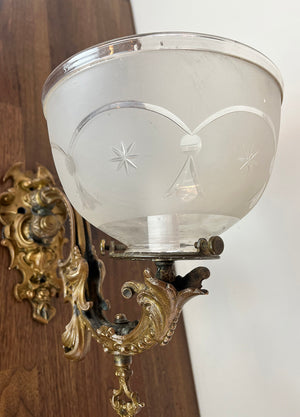 Antique Single Light Circa 1850 Cast Bronze Converted Gas Light with 2 5/8" Wheel Cut Shade