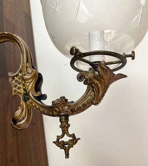 Antique Single Light Circa 1850 Cast Bronze Converted Gas Light with 2 5/8" Wheel Cut Shade