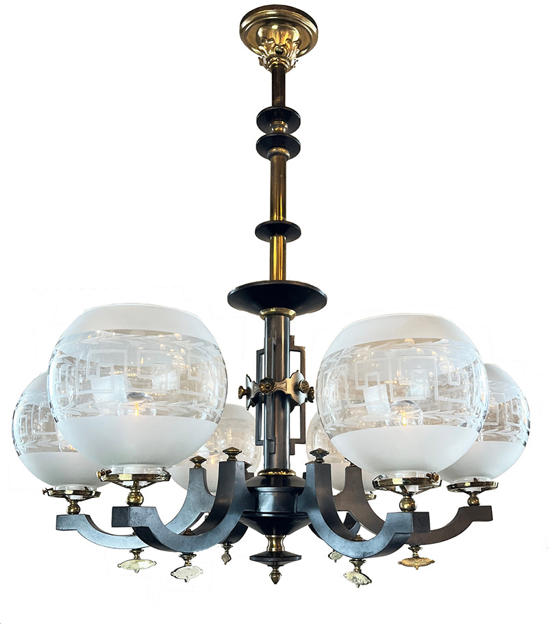 Antique Circa 1860-70s Converted Gas Six Light Neo Grec Chandelier with Etched Greek Key 2 5/8" Bowl Shades