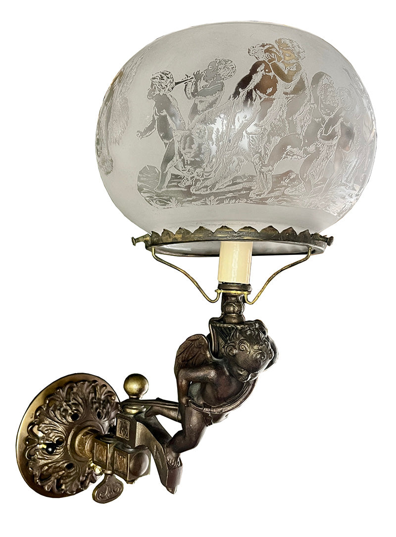 Incredible 1860s Converted Gas Putti Wall Sconce with Antique Acid Etched Putti Shade