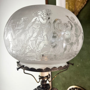 Incredible 1860s Converted Gas Putti Wall Sconce with Antique Acid Etched Putti Shade