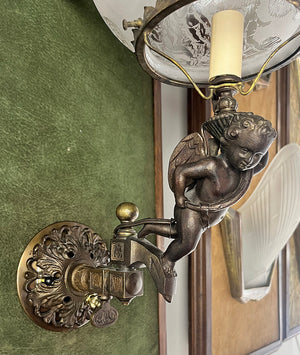 Incredible 1860s Converted Gas Putti Wall Sconce with Antique Acid Etched Putti Shade
