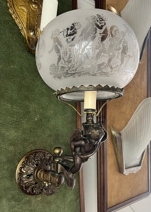 Incredible 1860s Converted Gas Putti Wall Sconce with Antique Acid Etched Putti Shade
