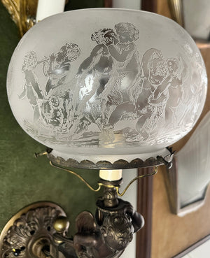 Incredible 1860s Converted Gas Putti Wall Sconce with Antique Acid Etched Putti Shade