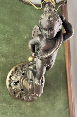 Incredible 1860s Converted Gas Putti Wall Sconce with Antique Acid Etched Putti Shade